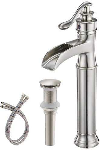 BWE Waterfall Vessel Sink Faucet Brushed Nickel Bathroom Faucet Single Handle Tall Single Hole Bathroom Sink Faucet Commercial Mixer Tap with Pop Up Drain Assembly and Supply Line