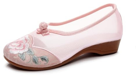 xinrishe 2024 Summer Women's Chinese Traditional Style Mesh Breathable Flower Embroidery Shoes Shallow Mouth Casual Shoes Mary Jane Flats Shoes For Stage Show Prom(Color:Pink,Size:6 UK)