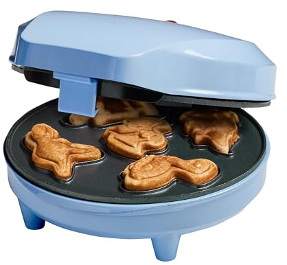 Bestron Gofrera para mini galletas de dinosaurio con diseño de dinosaurios, para mini gofres de galletas, con indicador y revestimiento antiadherente, 700 W, color azul