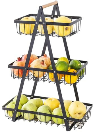 3 Piani Portafrutta Da Tavolo, Cesto Frutta Staccabile in Metallo Con Manico, Mantiene Frutta e Verdura Fresca, Adatto Per Snack, Pane (Nero)