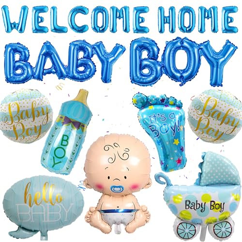 Lot de 19 ballons décoratifs pour fête prénatale garçon - Bleu - Décoration de bienvenue pour bébé garçon - Ballon en aluminium en forme de pied de poussette - Pour fête prénatale