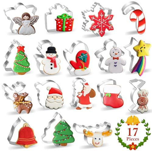 Christmas Cookie Cutters, 17 Pcs Metal Cookie Cutters Stainless Steel Shapes of Snowman, Christmas Tree, Gingerbread Man, Santa Face, Snowflake, Candy Cane, Stocking for Holiday Party Baking Gift