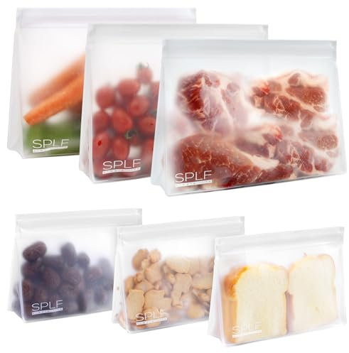 SPLF 6 Pack Dishwasher Safe Reusable Freezer Bags, Reusable Food Bags, BPA FREE Ziplock Bags Stand Up Extra Thick Leakproof Silicone and Plastic Free Zipper Sandwich Snack Lunch Bags