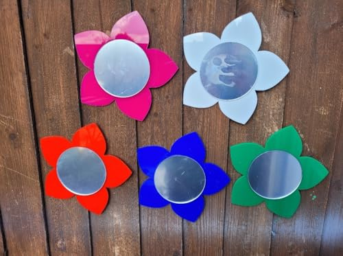 Set of 5 Mini Acrylic Flower Mirrors, 15cm Flower, 10cm Mirror, Assorted Colours, Garden and Sensory Room Use