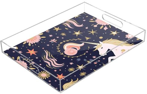 Unicorn Star Flower Acrylic Serving Trays, Clear Rectangular Tray with Handles Serving Platter for Coffee Table Kitchen Bathroom