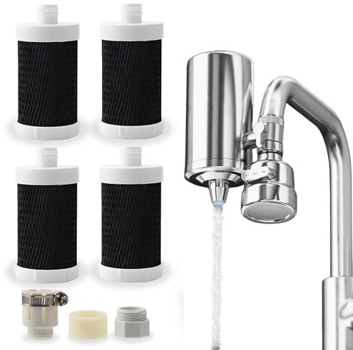 Wasserfilter Wasserhahn mit 4 Filterelement, Leitungswasserfilter, Wasser Filtersystem Trinkwasser,Einfache Montage,Entfernt Sand,Chlor und Schlechten Geschmack,Einfache Montage