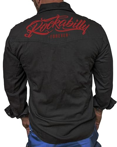 Gasoline Bandit Schweres Rockabilly Worker Herren-Jeans-Hemd mit Stick Patch und Rückendruck tailliert schwarz - Reine Baumwolle
