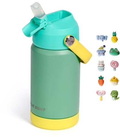 pluseight Kinder Trinkflasche, 350 ml BPA-freie Doppelwand Vakuum Tumbler 18/8 Edelstahl Leck Proof Kinder Tassen mit Stroh für Schule Reise Jungen Mädchen (Grün)