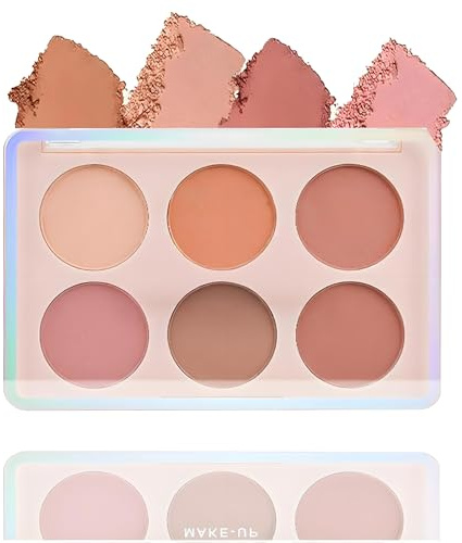 6-Shade Blusher Palette For Contouring & Cheek Colour Enhancing - Versatile Pressed Powder In Peach Coral Pink Rose Taupe & Terracotta Tones, Sleek Iridescent Case, Buildable Shades For All Skin Tones