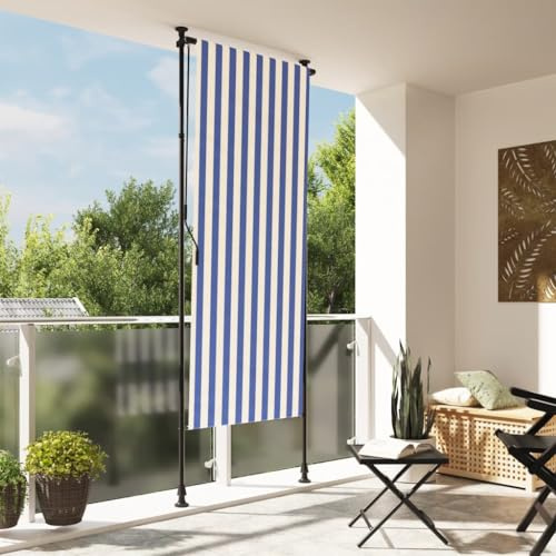 Tenda a rullo per esterni, tenda da sole a morsetto, per balcone, protezione solare, adatta per balconi, terrazze, ristoranti, negozi, blu e bianco, 120 x 270 cm, tessuto e acciaio