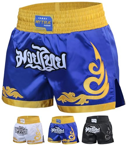 Mytra Fusion Pantaloncini Muay Thai Uomo Donna – Slim Fit a Lunghezza Corta, Shorts Kickboxing, MMA, Grappling, Allenamento e Arti Marziali (IT, Testo, M, Regular, Regular, Blu/Oro)