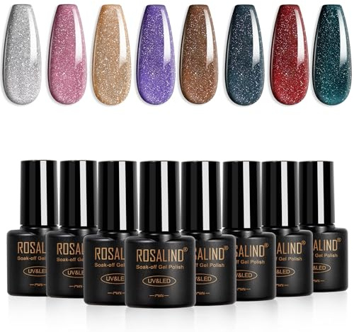 ROSALIND UV Nagellack Glitzer 8 Farben Glitzer Silber Rosa Braun Violett | Schwarz Rot Glitzer Gel Nagellack, Soak-Off Mini UV Farbgel Gelnägel für Nagel Design Gel Nail Polish Maniküre Geschenk