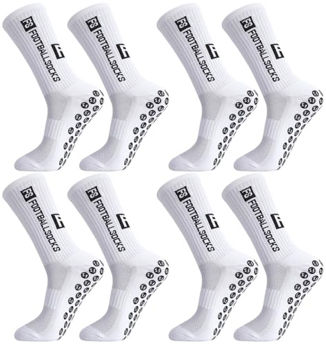 Apricitie 4 Paare Fußball Socken, 39-46 Fußballsocken Anti Rutsch Grip Sportsocken Rutschfeste Fussball Socken für Herren Damen, weiß