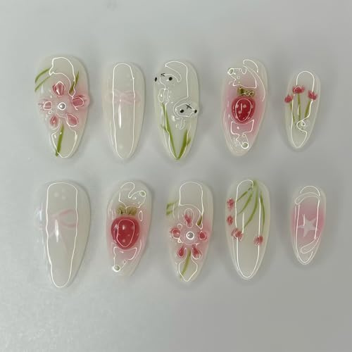 Shimmerz 24-Piece Medium Length Almond Artificial Nails Set 3D Flower Pearl Glossy Pink Bow Strawberry Bunny Designs Full Cover Fake Nails Manicure Gift for Ladies
