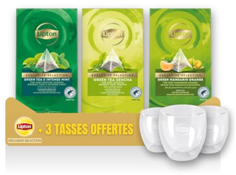 Lipton Exclusive Selection AB 3 Saveurs + 3 tasses - Thé vert - Mandarine, Menthe, Sencha