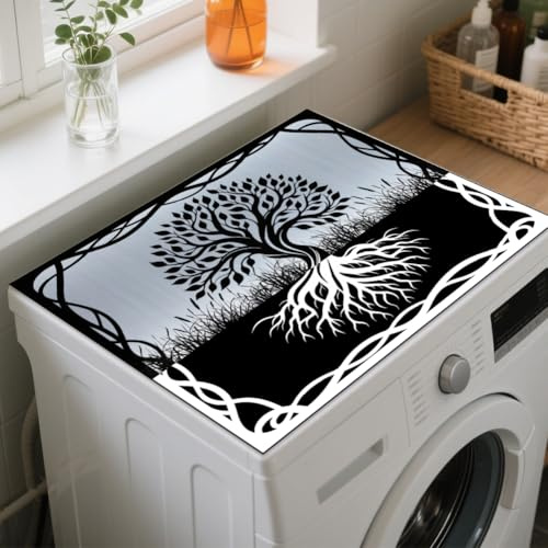 GLOBLELAND Baum des Lebens Silhouette Waschmaschinenstaubabdeckung Obermatte 23,6x19,7 Gras und Weinrand Waschmaschinenstaubabdeckungsmatte Waschmaschinenobermatte Schutzmatten für Waschmaschinen