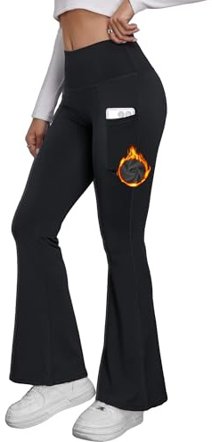 Merlvida Leggins Térmicos Mujer de Cintura Alta con Bolsillos Forrados de Felpa Cálidos Pantalones Acampanados Tipo Bootcut para Yoga Fitness Running en Invierno