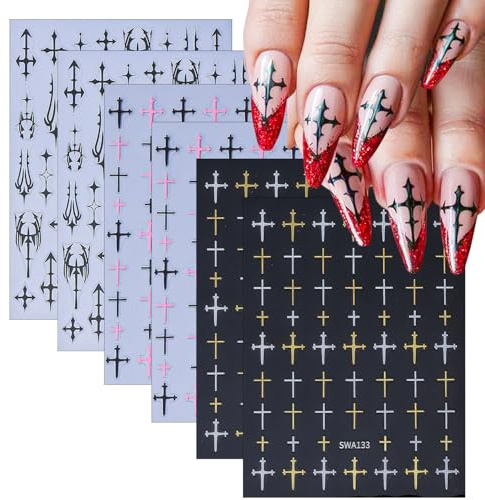 CHANGAR Kreuz-Nagelaufkleber, schwarze Kreuz-Nagelaufkleber, gotische Kreuzaufkleber für DIY-Nagelkunst, selbstklebende Nagelanhänger für Frauen und Mädchen, perfekt für Y2K- und Maniküre-Designs (6 B