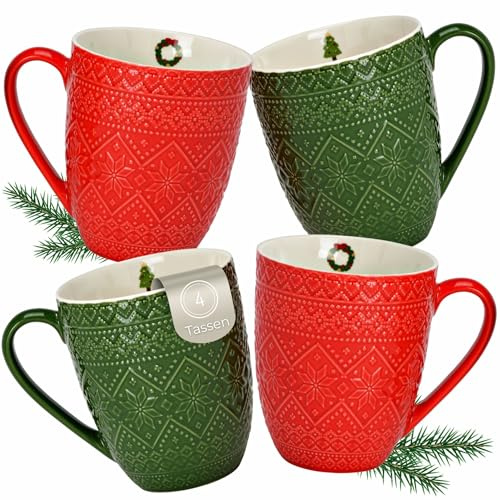 Schönes Weihnachtstassen 4er Set - Große 400 ml Kaffee-Tassen mit Amerikanischen Hygge Weihnachtsmotiven
