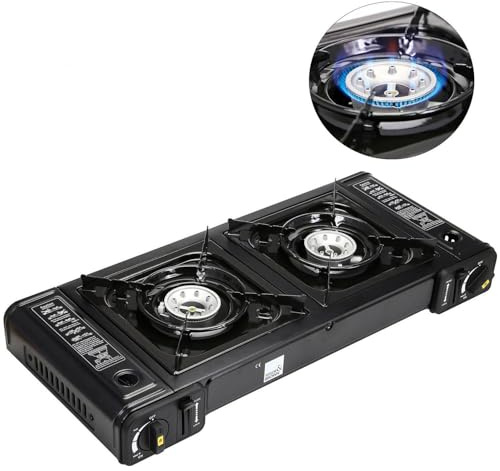 Taylor & Brown Portable Dual Burner Camping Stove, Black | EN417 Compliant Premium Double Gas Cooker | with Automatic Ignition & Heat Control | for Camping, BBQ & Outdoor Cooking