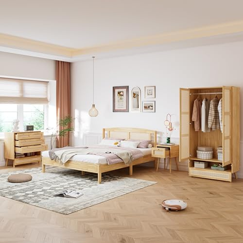 BLUON HOME Letto in legno, letto matrimoniale, letto in legno massiccio, set da camera completa, 4 pezzi, letto moderno in rattan+comodino+cassettiera+armadio, 160 x 200 cm, letto matrimoniale, pino+