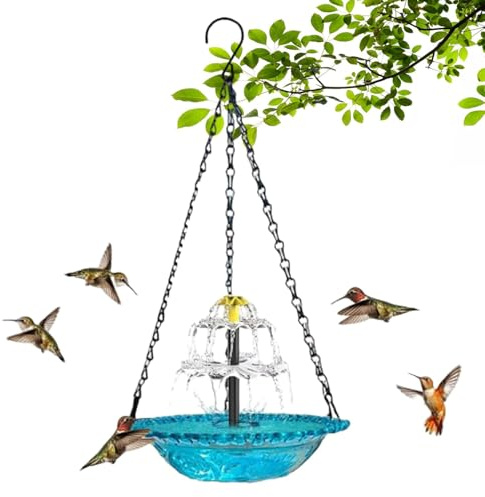 Hanging Solar Bird Bath Fountain, Outdoor Hanging Bird Bath with Solar Fountain, Hanging Humming Birds Baths Fountains, Decorative Bird Bath Fountain for Garden Yard Patio (blue-double)