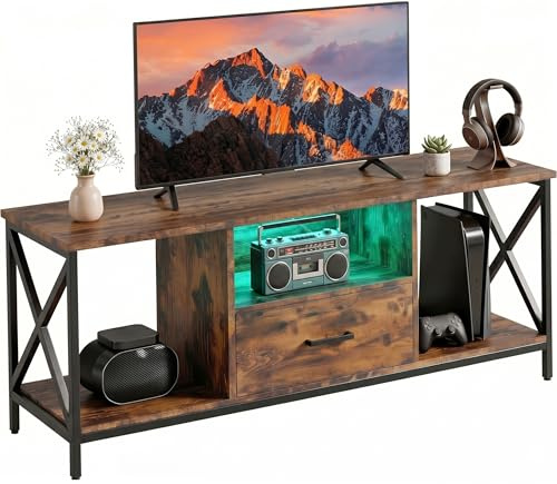 Blisswood TV Unit, 140cm Large LED TV Stand with RGB Lights, Rustic Wooden Media Console for 55–65 Inch TVs, Industrial Entertainment Centre with Drawer & Open Shelf, Metal Frame Living Room Furniture