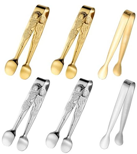6pcs Small Tongs and Ice Tongs, Mini Tongs, Serving Tongs Set with Sugar Cube Tongs in Silver and Gold Finishes