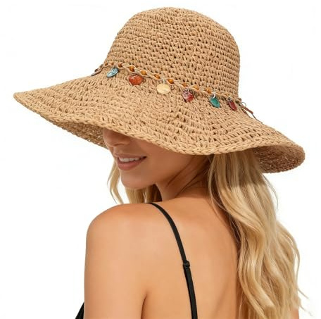 Higijapuf Sombrero de Sol para Mujer, Sombrero de Paja Mujer Plegable con Protección UV 50, Sombrero de Verano para Mujeres, Sombrero de Playa con Ala Ancha, Cinta de Barbilla, Detalle de Concha,