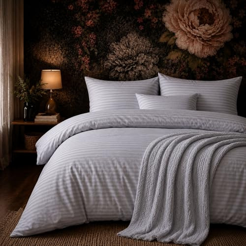 ZIRVEHOME Bettwäsche 135x200 cm 2-teilig – Grau Bettbezug mit feinem Streifenmuster – 1x Bettbezug 135x200 + 1x Kissenbezug 80x80 – Renforcé Baumwolle – Pflegeleichte Ganzjahresbettwäsche Damast Grau