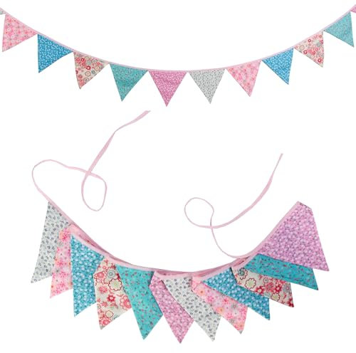 G2PLUS Floral Fabric Bunting Banner, 10.8 Feet Vintage Vintage Cloth Shabby Chic Cotton Garlands, 12PCS Double Sided Pink and Blue Triangle Pennants for Kids Bedrooms Birthday Tea Party