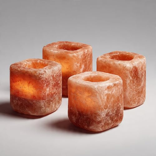 Natural Krafts ® Natural Himalayan Rock Crystal Salz Teelichthalter mit beruhigendem Licht | Ideales Geschenkartikel | 4 Stück Packung