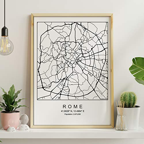 Nacnic Stampa Artistica Cartina geografica della Città di Roma. Mappa della Città dell'Arte, Stile Nordico in Bianco e Nero. Italia. Stampato su Carta da 250 Grammi di Alta qualità.