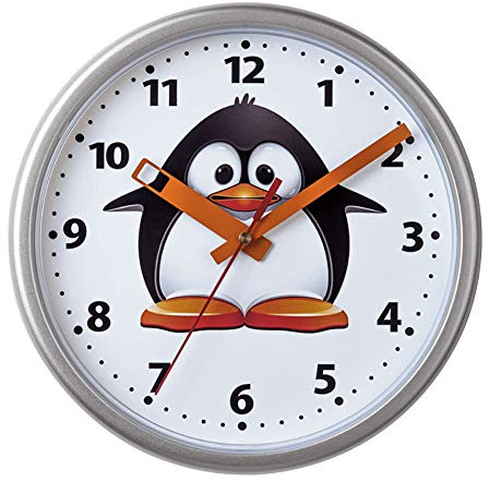 Selva Kinderwanduhr, Pinguin-Motiv, Kunststoff-Gehäuse, Plastikglas, geräuscharm, für Mädchen und Jungen, Durchmesser 23 cm