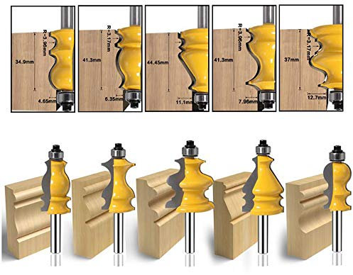 LEATBUY Architectural Molding Router Bit Set 1/4-Inch Shank 5 PCS, Corner Rounding Edge-Forming Woodworking Beading Router Bits Sets Tool Wood Table Door Cabinet Cutter(Round)