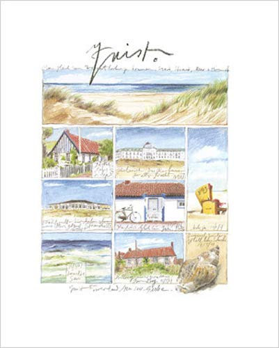 empireposter Gerke, Sabine - Juist - Kunstdruck Artprint Zeichnung Strand Strandkorb Katen - Grösse 40x50 cm + 2 St Posterleisten Holz 40,5 cm