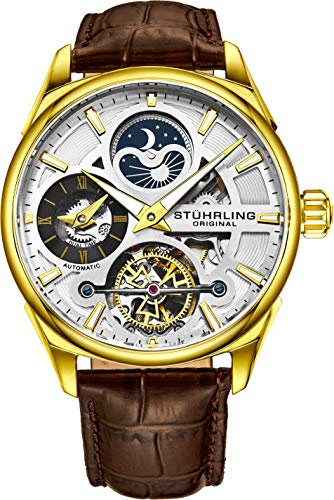 Stuhrling Original Skeleton Dress Analoguhr für Herren, automatische mechanische Armbanduhr, vergoldet/Edelstahl, Armband aus echtem Kalbsleder