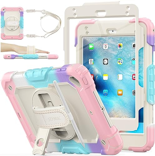 SEYMAC stock Case for iPad Mini 5/Mini 4 7.9'' 2019/2015, Pink | Full-body Shockproof, with Screen Protector, 360° Rotating/Adjustable Stand/Hand Strap, Pencil Holder & Shoulder Strap