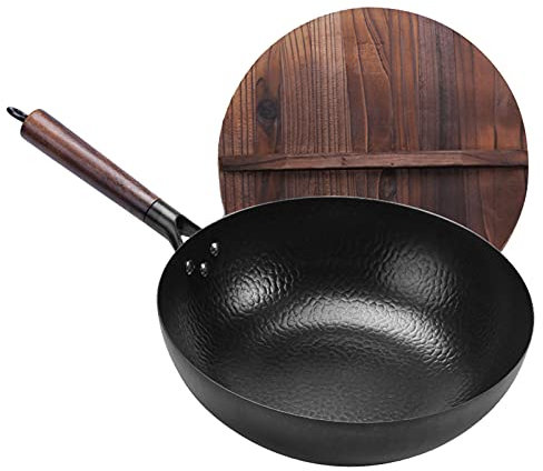 Vinbcorw Wok tradizionale in acciaio al carbonio martellato a mano 12,6 pollici / 32 cm con manico in legno rimovibile e coperchio in legno