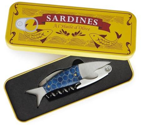 Balvi Sacacorchos Conserverie Sardines Color Azul Abrebotellas con Caja metálica Lata