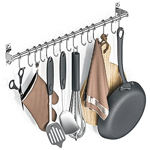 Booxihome Barre de suspension en acier inoxydable pour ustensiles de cuisine - Avec 15 crochets pour ustensiles de cuisine - 60 cm