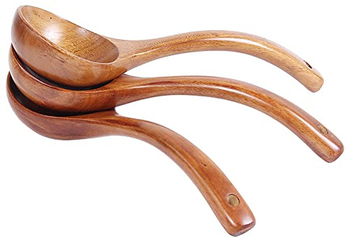 UPTALY 3 pcs Curved Wooden Soup Spoons (10 inch x 3 inch), 100% Natural Wood Ladle, Thicken Ramen Spoons Set, Japanese Tablespoon with Bent Handle, Handmade Server Gravy Ladle, for Non-Stick Cookware