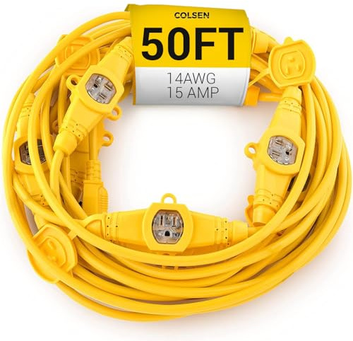 COLSEN Extension Cord with Multiple Outlets – 50 ft Heavy Duty 16 Gauge Power SJTW Cable, 15 Amp 3 Prong 11 NEMA Multi Plug, 14 AWG Male to Female Connector, 5-15R Female Socket, Outdoor/Indoor Yellow
