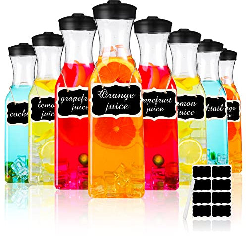 Lallisa 8 Pcs 54 oz Plastic Carafe Water Carafe with Lid Clear Plastic Pitcher with Lid Square Base Drink Containers for Fridge Mimosa Bar Supplies Water, Milk, Juice with Labels Hanging Tags