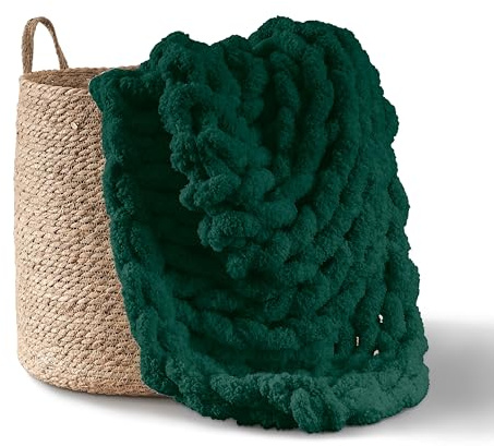 Adyrescia Grobstrickdecke, Überwurf, 100% handgestrickt mit Jumbo-Chenille-Garn (127 x 152,4 cm, Waldgrün)