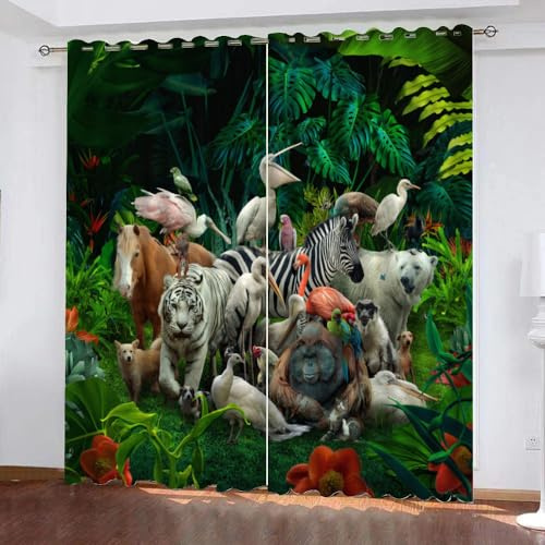 GIOVIA 3D Zoo Gardinen Abdunkelnde Tropisch Dschungel Kindervorhänge Vorhang mit ösen 2er Set Vorhänge Blickdicht Verdunkelungs für Kinderzimmer Schlafzimmer Wohnzimmer B 140 X H 160 cm