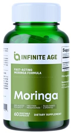 INFINITE AGE 1000mg Organic Moringa Leaf Powder Capsules, 60 Count - Made in The USA, Vegan, Gluten Free, All-Natural - Antioxidants, Liver and Kidney Support Supplement