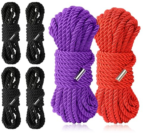 Sfcaris Silk Soft Rope, Skin Friendly Soft Nylon Silky Ropes, Durable Multipurpose Color Braided Long Rope (4x6.5ft Black+16ft Red+16ft Purple)