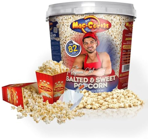MacCorns - The Popcorn Chef’s Salted & Sweet Popcorn Mix | 10ltr Mega Sharing Bucket + 12 Cartons & 1 Scoop | Healthy Crisp, Nutritious, Low-Calorie Vegan Snack for Health Conscious Snackers