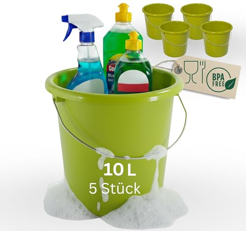 Novaliv 5 Stück Eimer 10L Grün mit Maßeinteilung - Putzeimer 10 Liter ? 28,5 cm Praktischer Allrounder mit Skala für Haushalt & Garten ideal als Haushaltseimer, Wassereimer, Wischeimer, Bucket